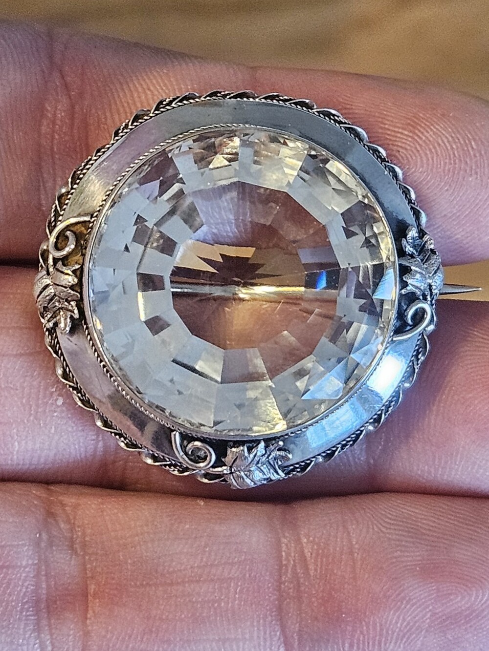 Antique Edwardian 58ct White Amethyst Sterling Silver Rock Crystal Brooch Pin